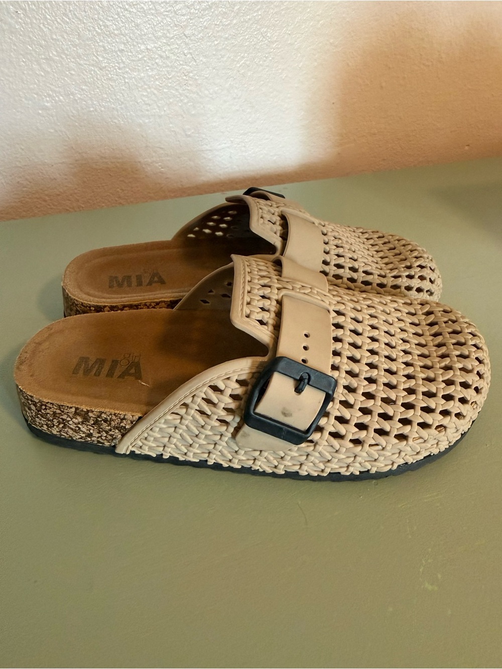 MIA Beige Woven Slip-On Clogs with Black Buckle